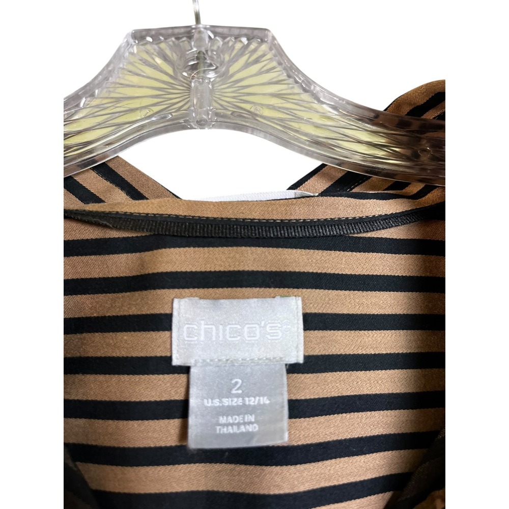 Chicos Tan Black Striped Blouse 2 US 12 14 Long Sleeve Button Front - Picture 5 of 9